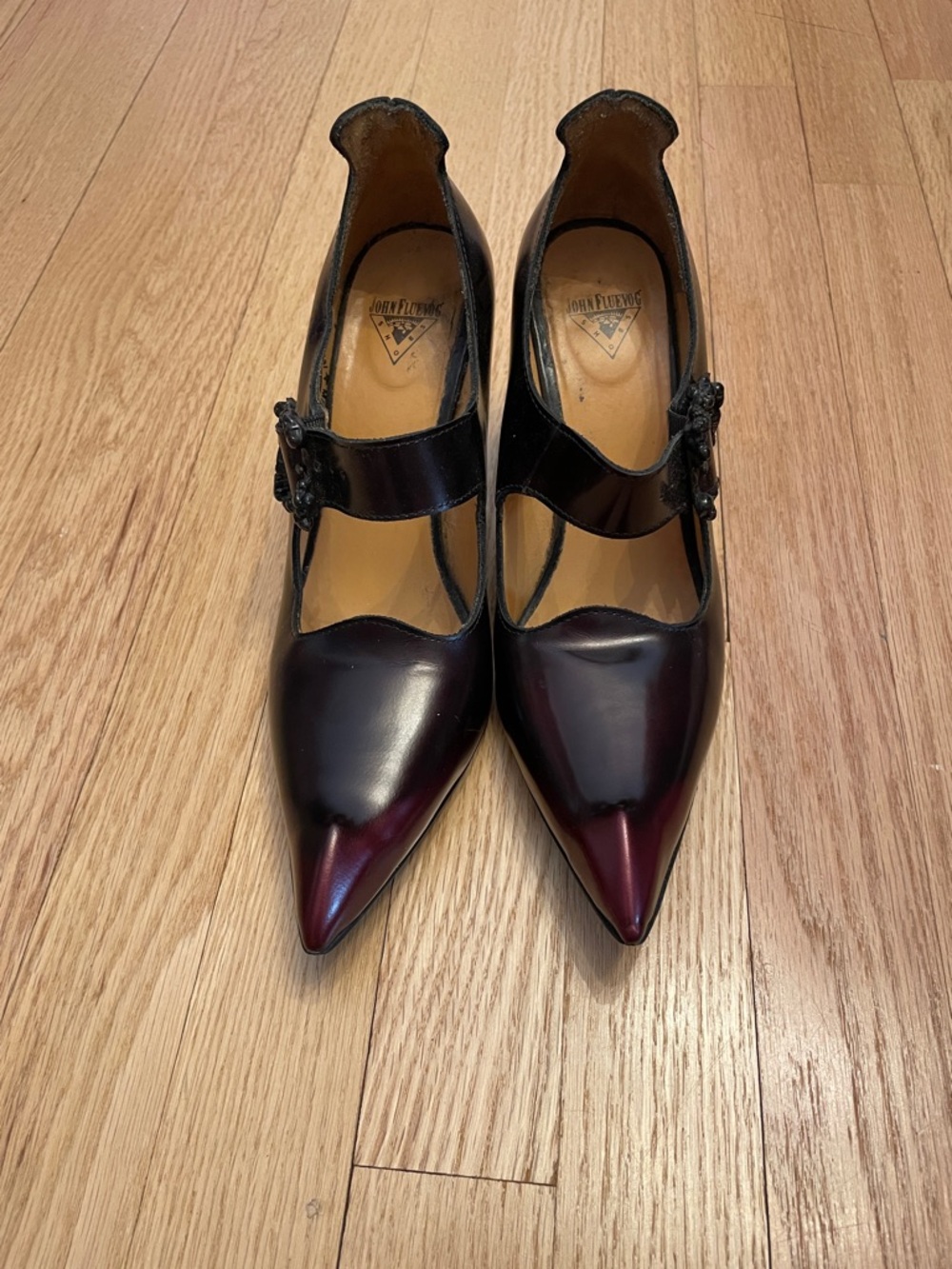 John Fluevog Women's Burgundy and Black Pointed Odette Mary Jane Heels - Picture 2 of 8
